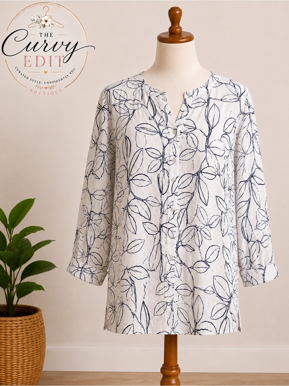 Cynthia Rowley 1X 100% Linen White Black Botanical Button Front Elevated Boho
